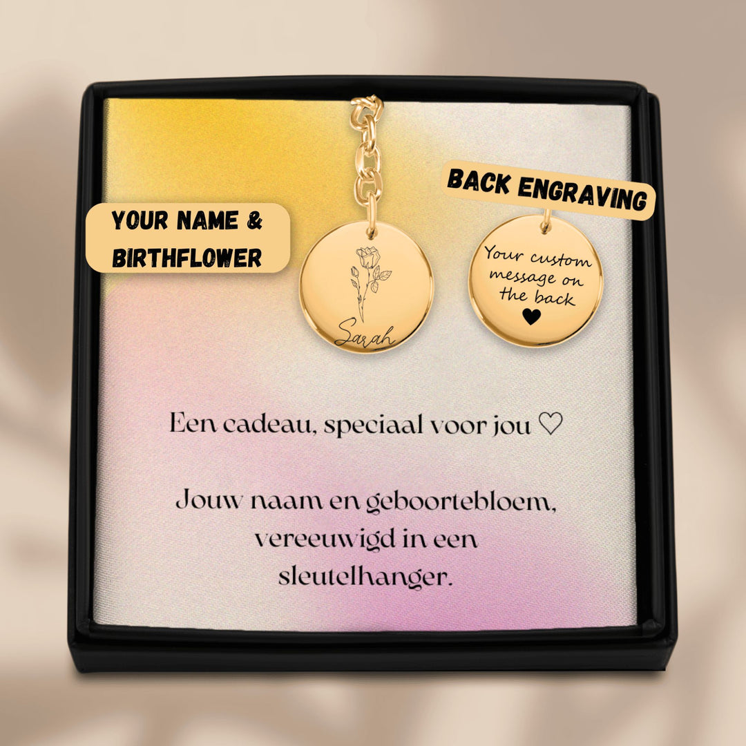 Sleutelhanger met geboortebloem & naam
